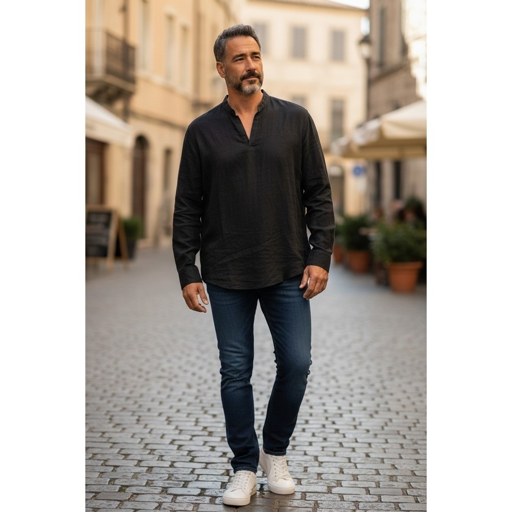 Murano Baird McNutt Shirt Mens XL Black Linen Cotton Popover Textured V-Neck LS